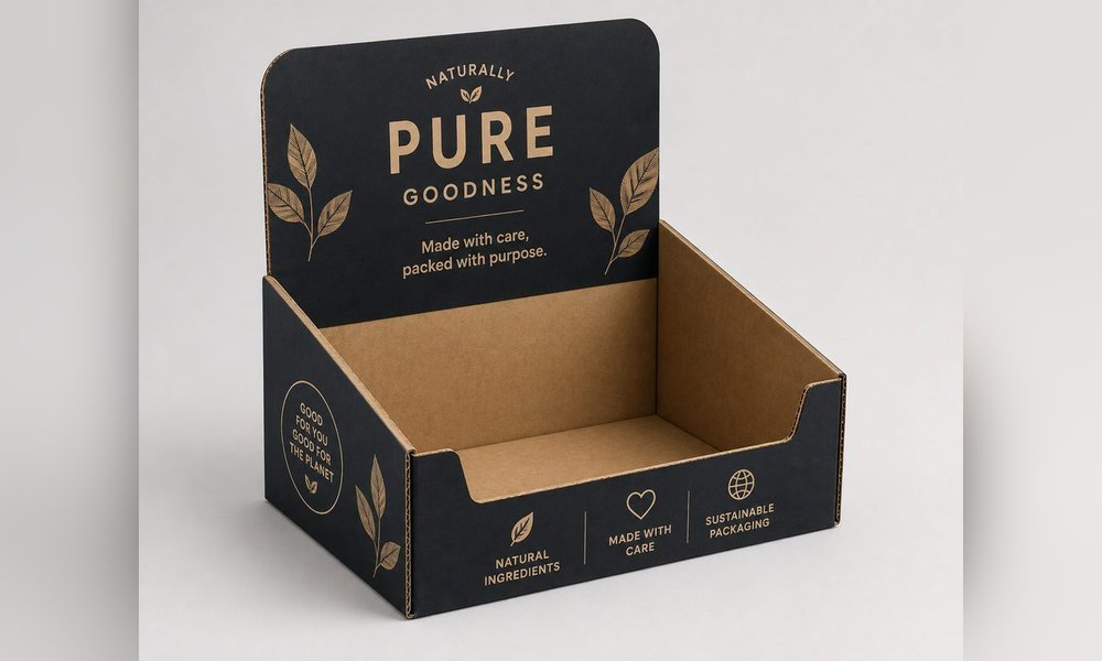 Custom retail counter display box with header card manufactured by Elite Pack Labs