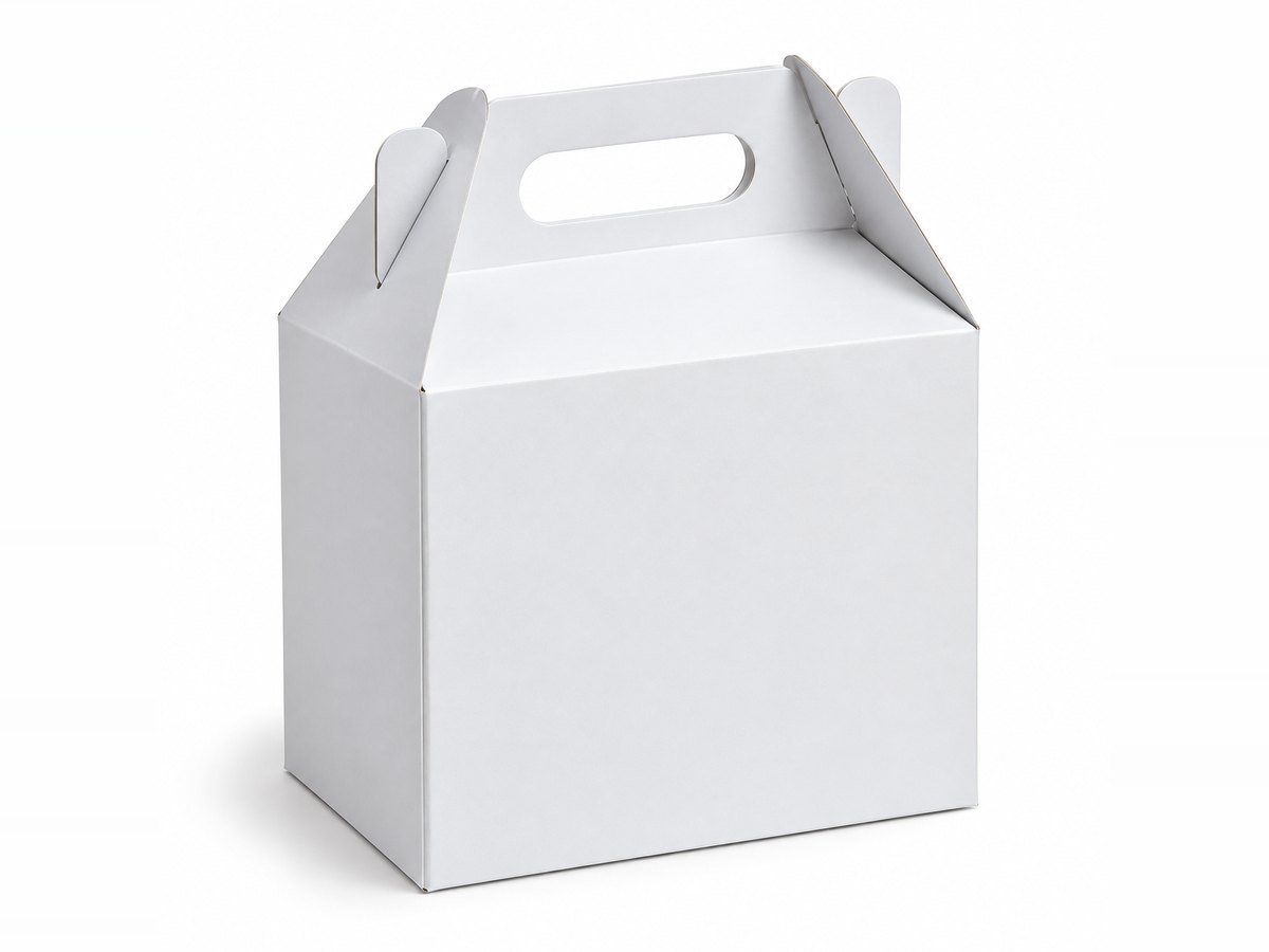 Custom gable top box with carry handle manufactured by Elite Pack Labs