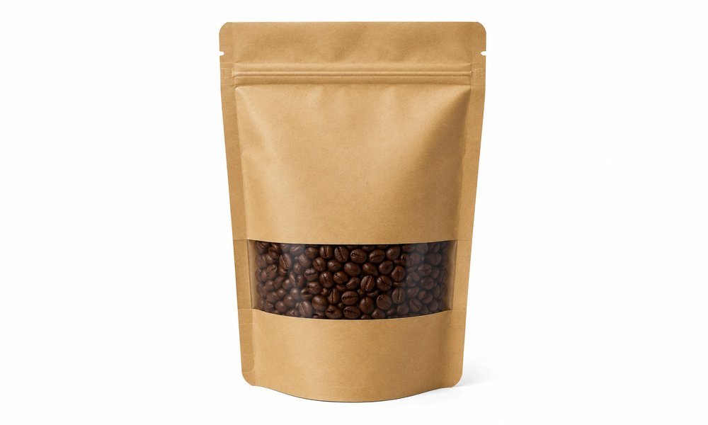 Custom printed kraft stand-up coffee pouch manufactured by Elite Pack Labs