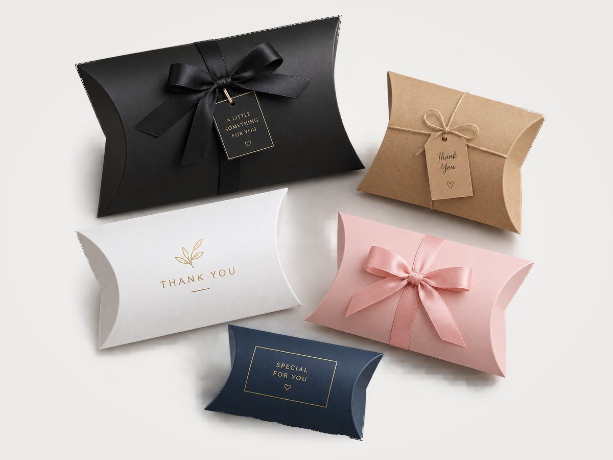 Custom pillow gift boxes with ribbon, gold foil and thank-you tags manufactured by Elite Pack Labs