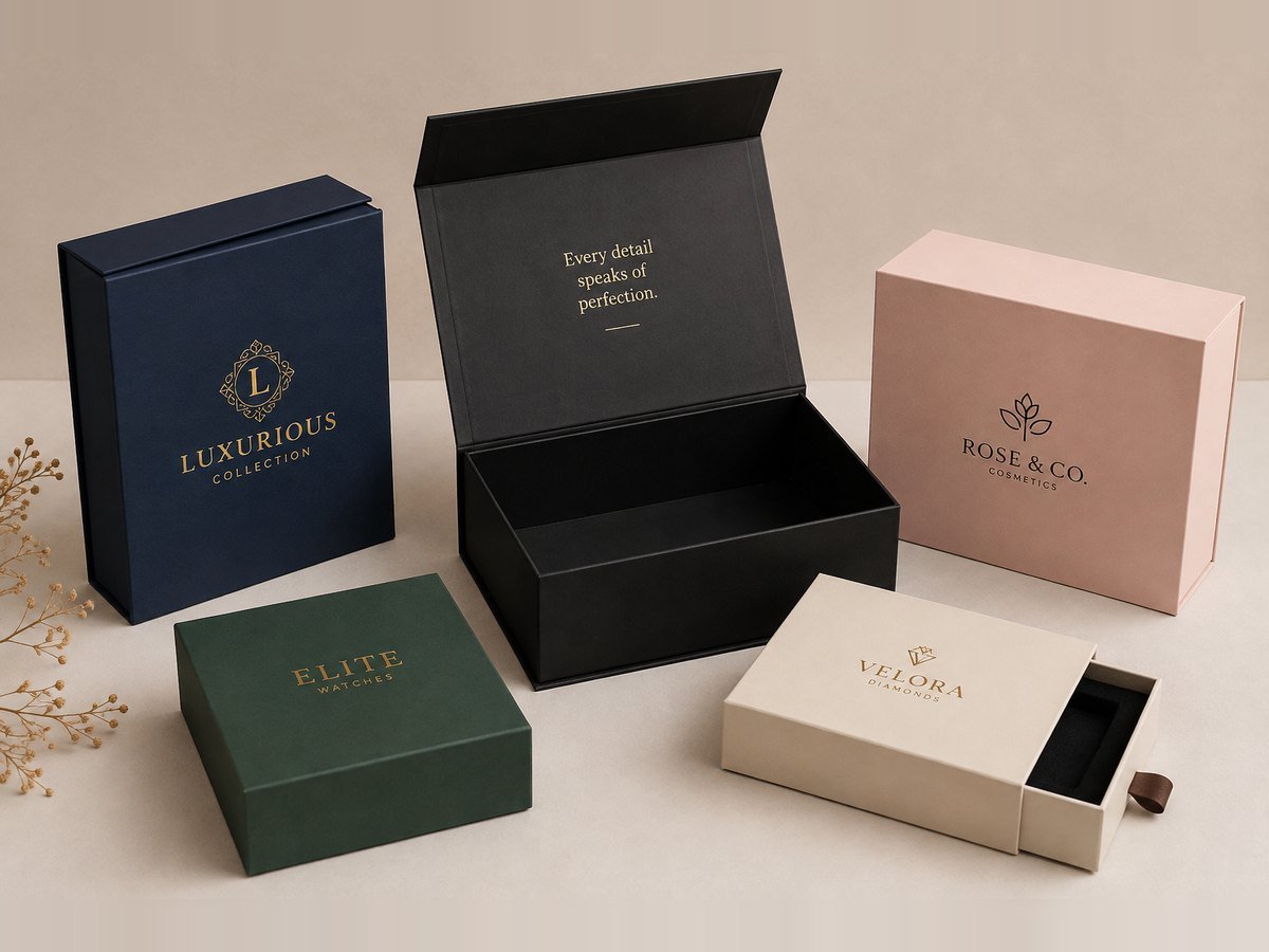 Custom rigid gift boxes with foil-stamped logos, magnetic lids and slide drawers manufactured by Elite Pack Labs