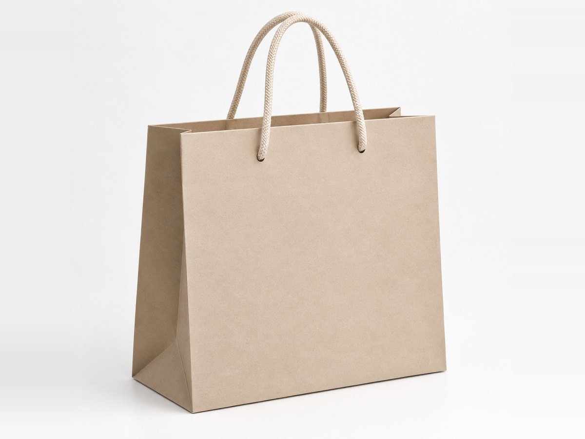 Custom kraft paper shopping bag with twisted rope handles manufactured by Elite Pack Labs