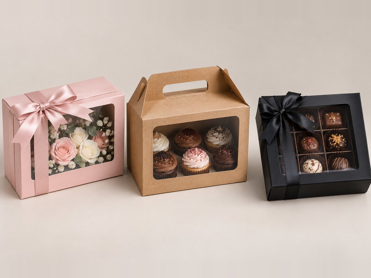 Custom window boxes with clear PVC window for flowers, cupcakes and chocolates manufactured by Elite Pack Labs